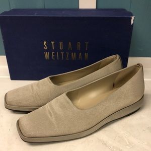 Stuart Weitzman‎ tan-gold Cantina greige sheen slight wedge Women's size 7.5